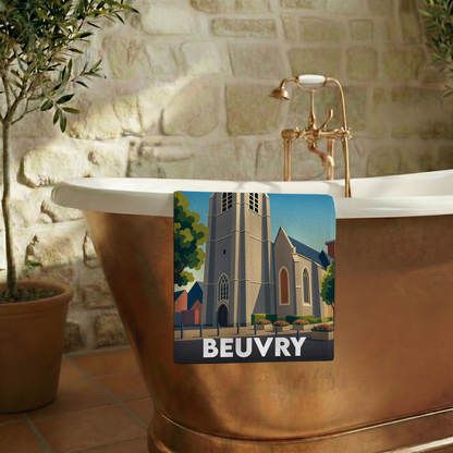 Serviette de bain souvenir de la ville de Beuvry avec une illustration stylisée.