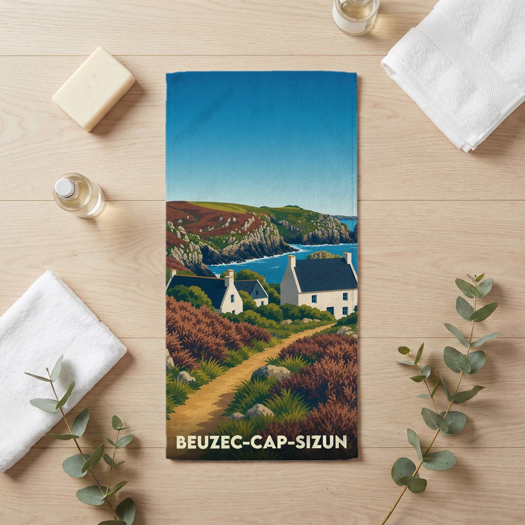 Serviette de bain souvenir de la ville de Beuzec-Cap-Sizun avec une illustration côtière stylisée.