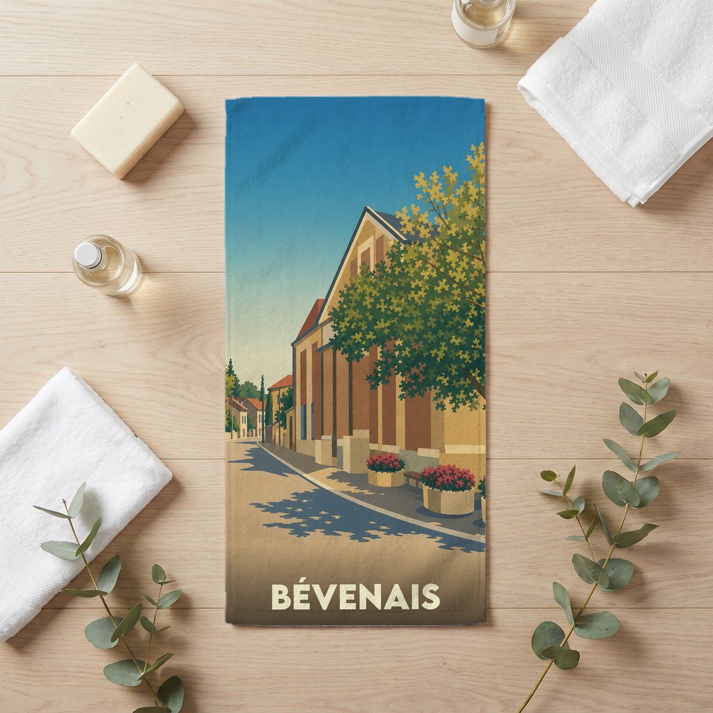 Serviette de bain souvenir de la ville de Bévenais avec une illustration stylisée.