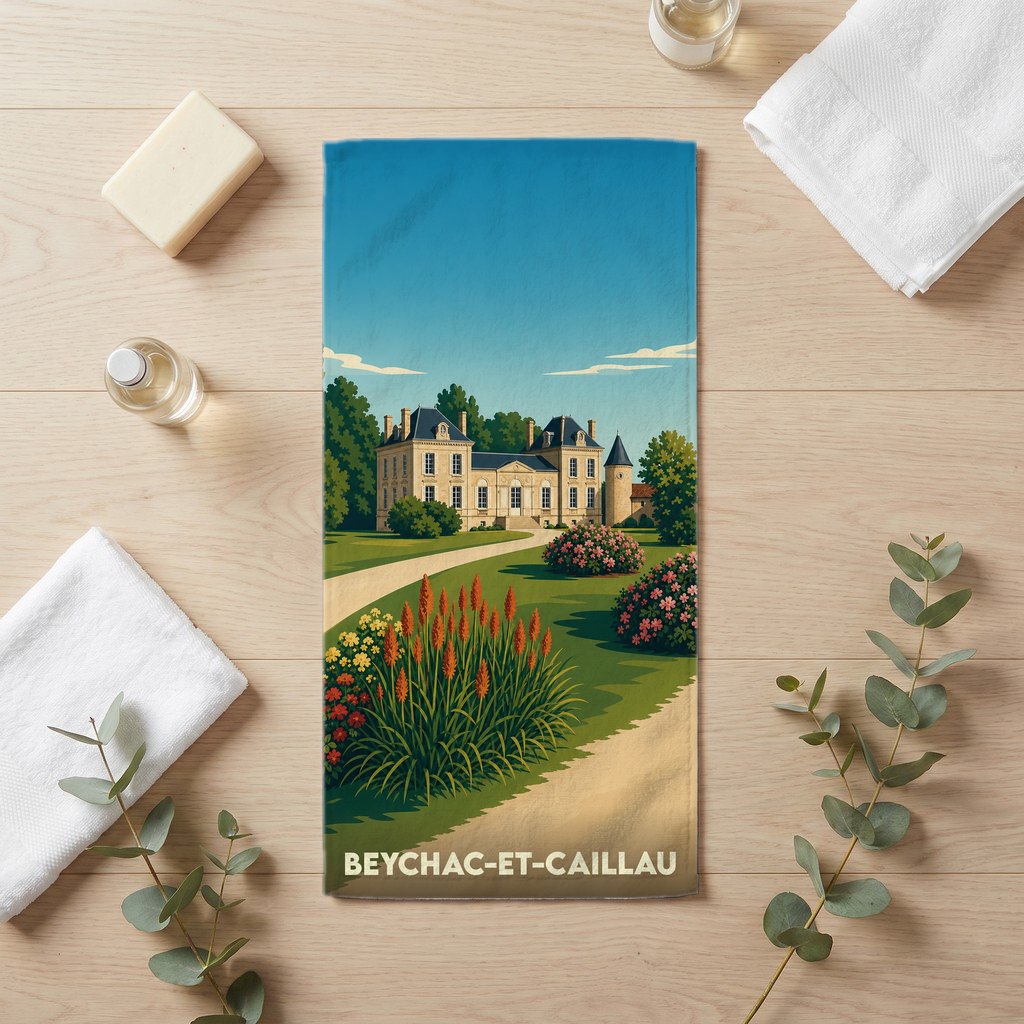 Serviette de bain souvenir de la ville de Beychac-et-Caillau avec une illustration stylisée de son château.