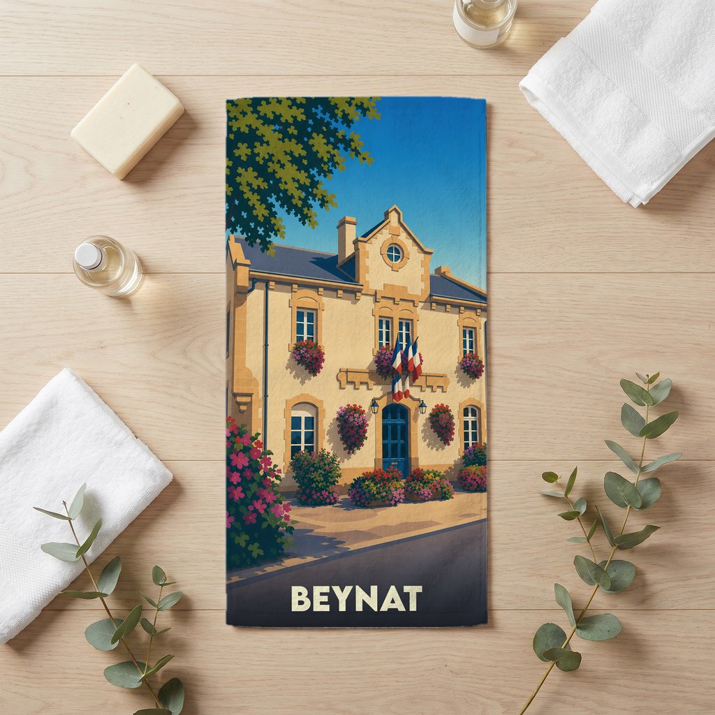 Serviette de bain souvenir de la ville de Beynat avec une illustration stylisée de son hôtel de ville fleuri.