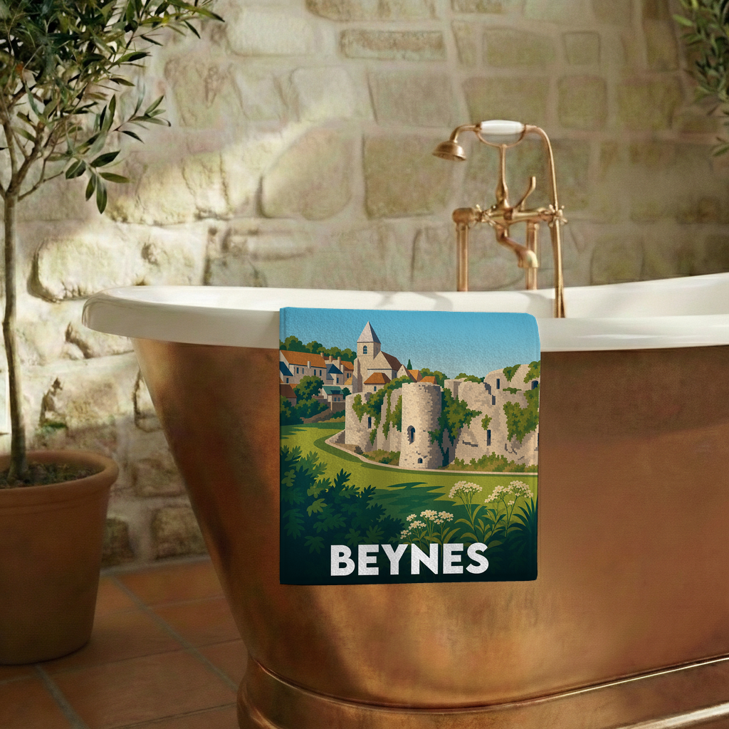 Serviette de bain souvenir de la ville de Beynes avec une illustration stylisée.