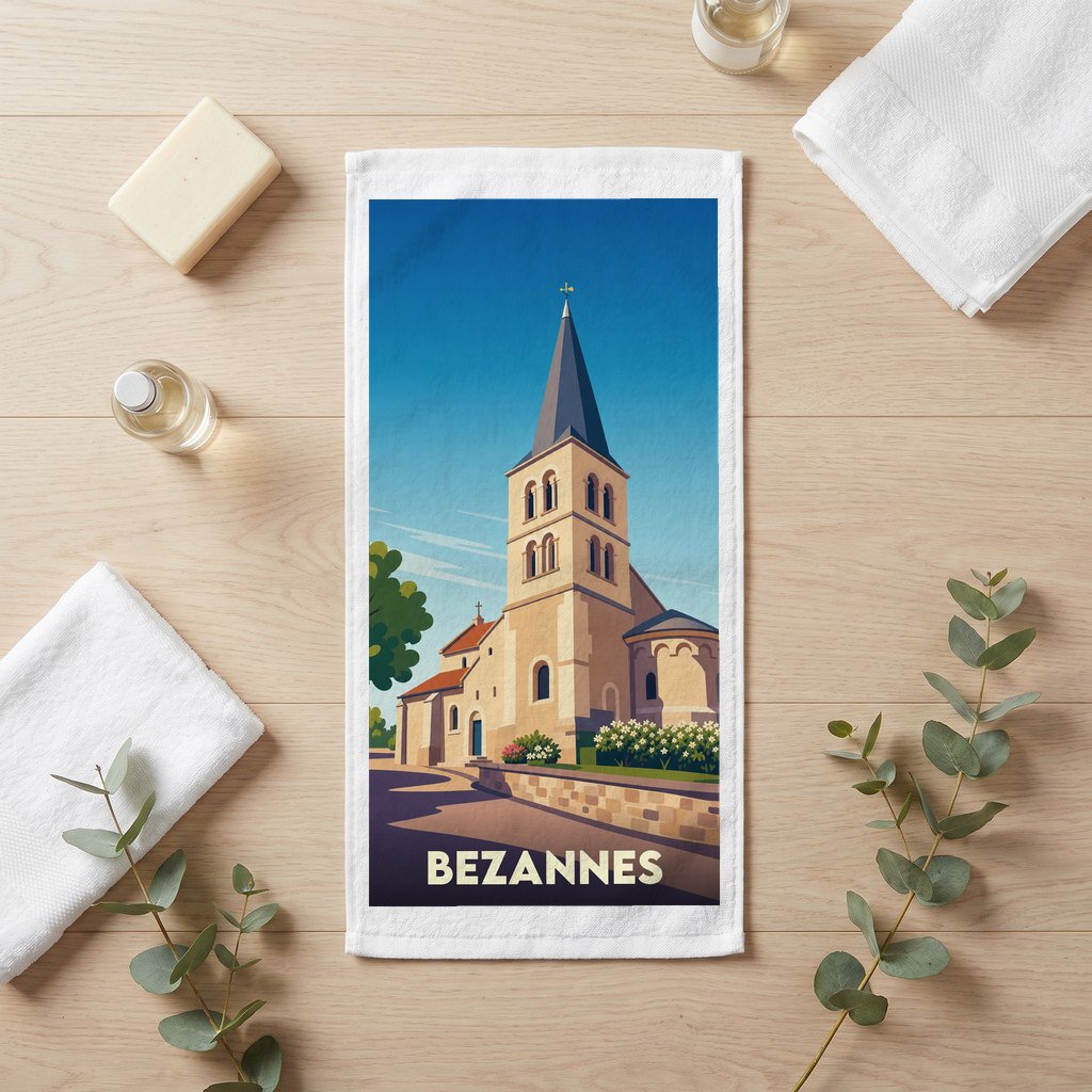 Serviette de bain souvenir de la ville de Bezannes avec une illustration stylisée de son église.