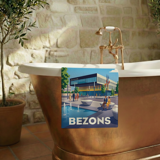 Serviette de bain souvenir de la ville de Bezons avec une illustration stylisée.