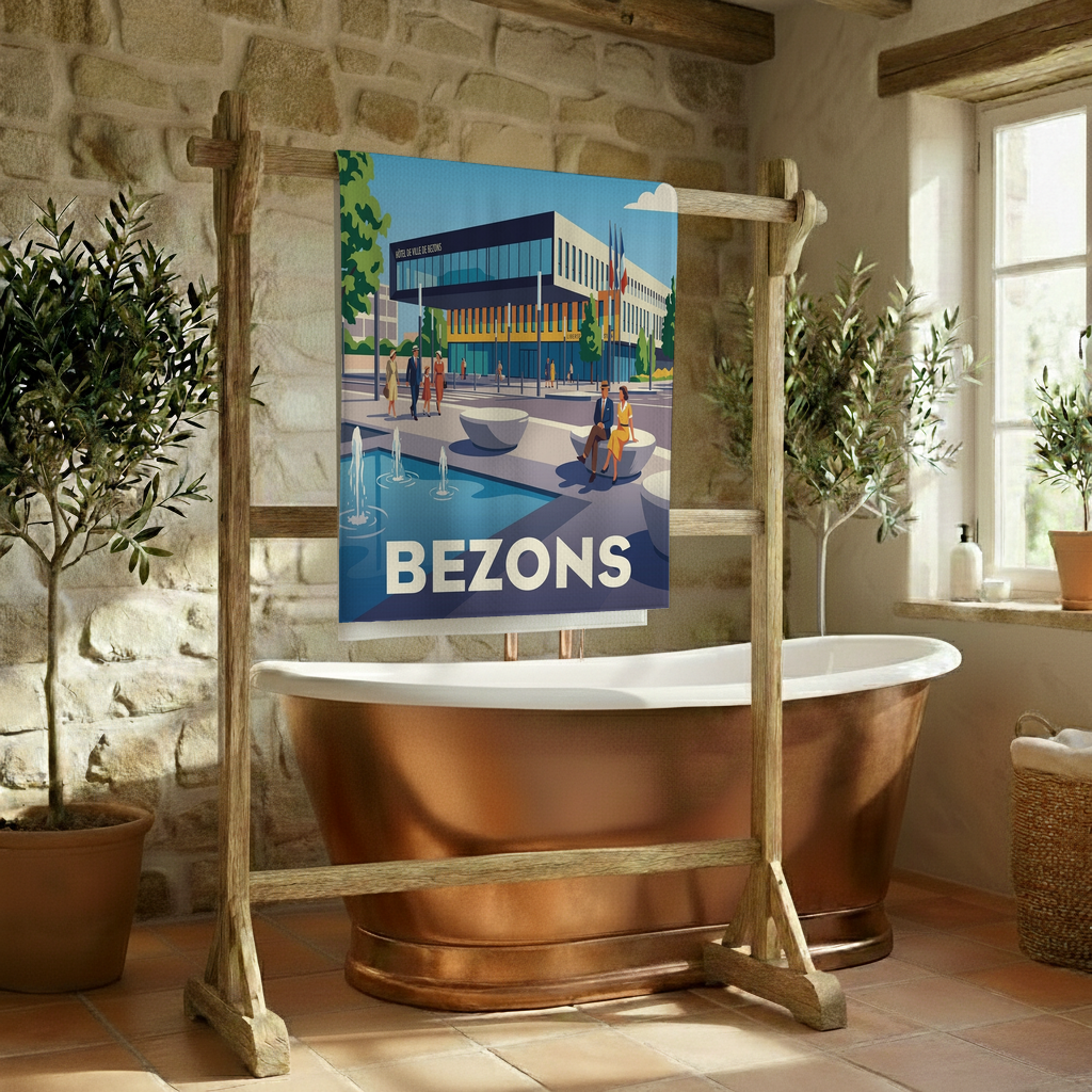 Serviette de bain souvenir de la ville de Bezons avec une illustration stylisée.