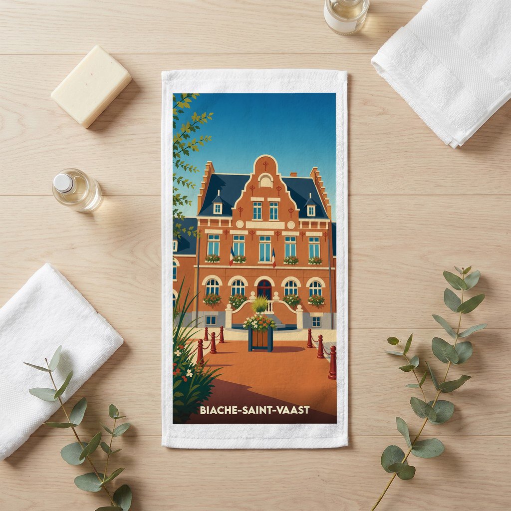 Serviette de bain souvenir de la ville de Biache-Saint-Vaast avec une illustration stylisée de son hôtel de ville.