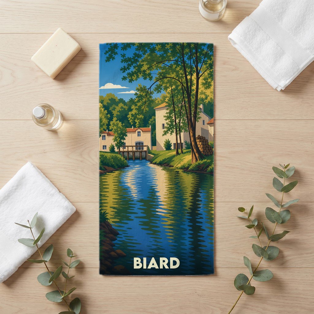 Serviette de bain souvenir de la ville de Biard avec une illustration stylisée d'un paysage de rivière et de maisons.