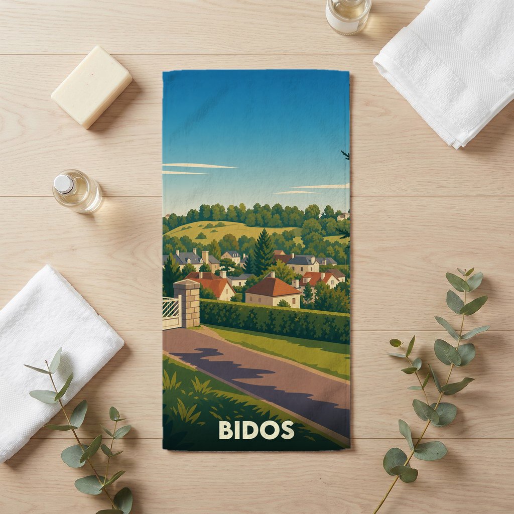 Serviette de bain souvenir de la ville de Bidos illustrée d'un paysage de campagne stylisé.