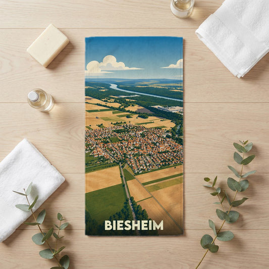 Serviette de bain souvenir de la ville de Biesheim avec une illustration aérienne stylisée du paysage local.