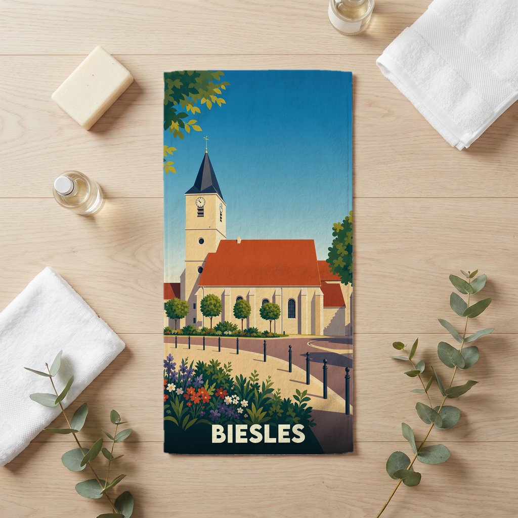 Serviette de bain souvenir de la ville de Biesles avec une illustration stylisée de son église.