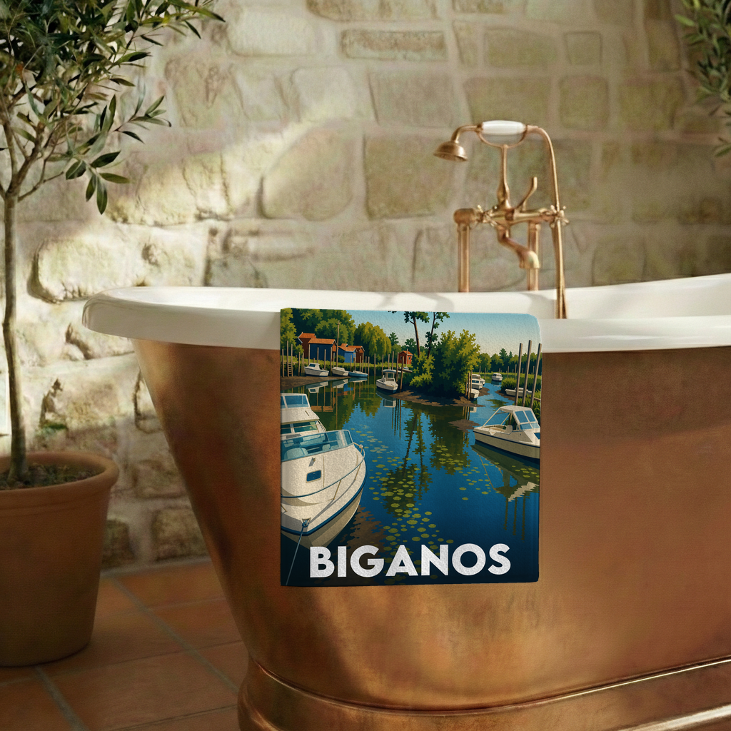 Serviette de bain souvenir de la ville de Biganos avec une illustration stylisée de son port.