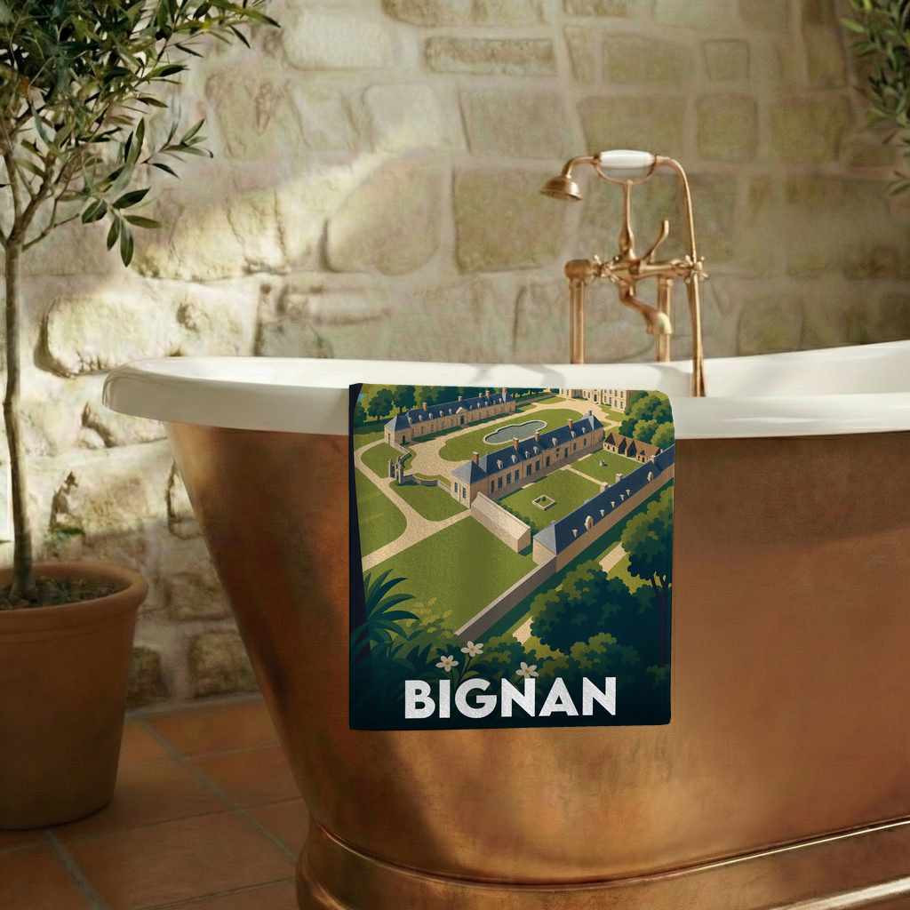 Serviette de bain souvenir de la ville de Bignan avec une illustration stylisée.