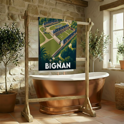 Serviette de bain souvenir de la ville de Bignan avec une illustration stylisée.