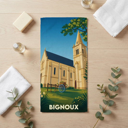Serviette de bain souvenir de la ville de Bignoux avec une illustration stylisée de son église.