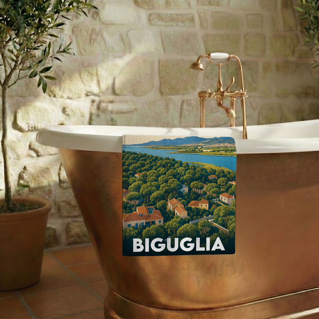 Serviette de bain souvenir de la ville de Biguglia avec une illustration stylisée.