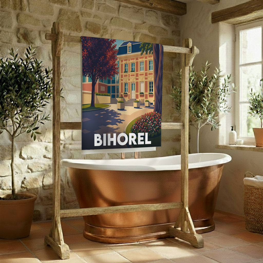 Serviette de bain souvenir de la ville de Bihorel avec une illustration stylisée d'un bâtiment historique et d'un parc.