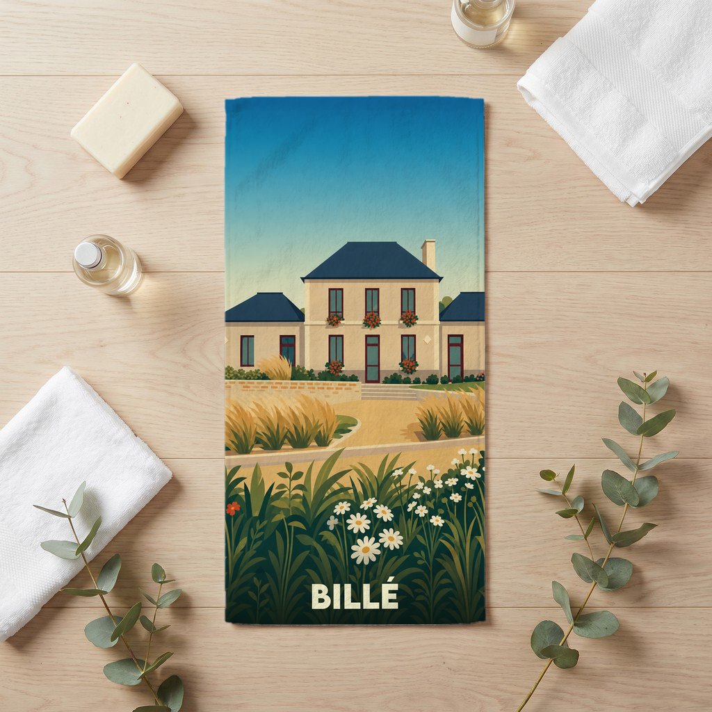 Serviette de bain souvenir de la ville de Billé avec une illustration stylisée d'une maison de campagne.