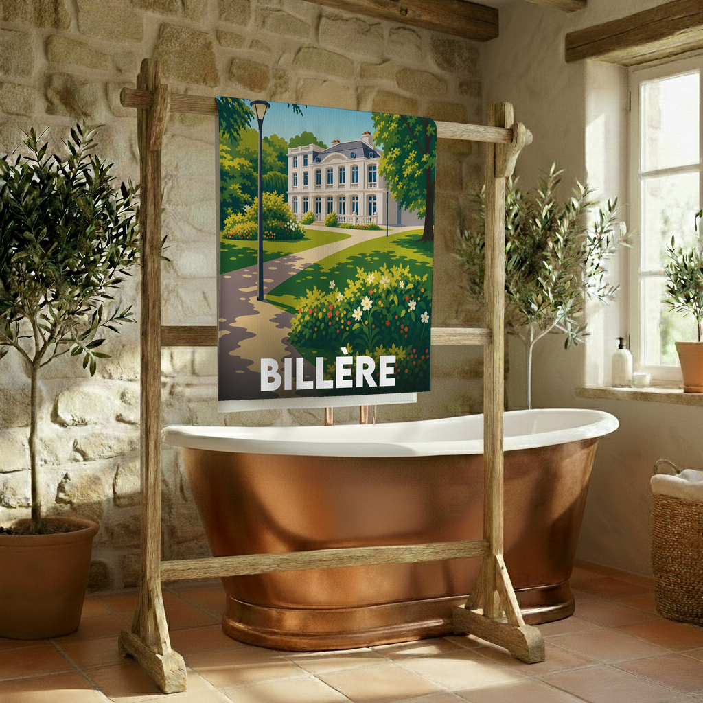 Serviette de bain souvenir de la ville de Billère avec une illustration stylisée.