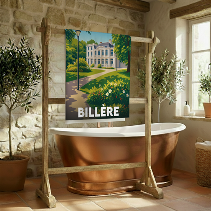 Serviette de bain souvenir de la ville de Billère avec une illustration stylisée.