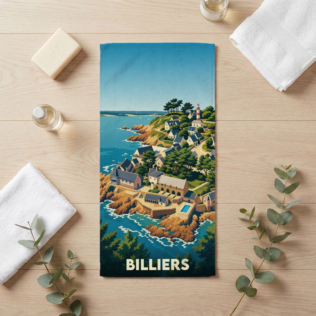 Serviette de bain souvenir de la ville de Billiers avec une illustration stylisée de son littoral.