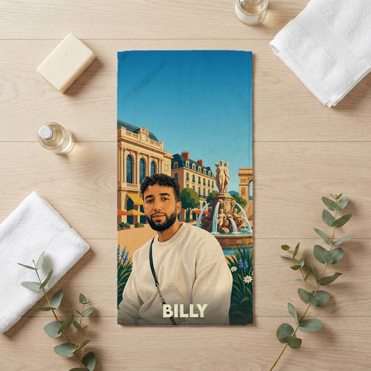Serviette de bain souvenir de la ville de Billy avec une illustration stylisée.