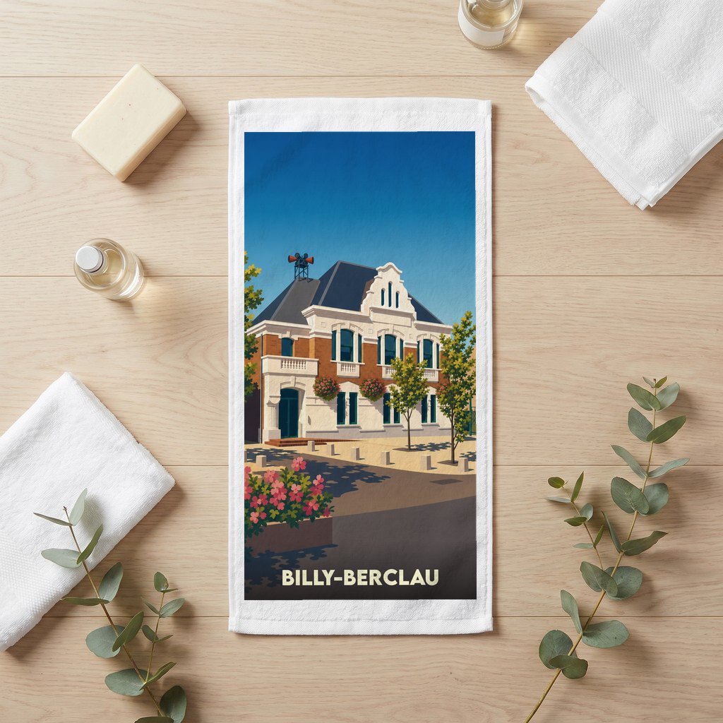 Serviette de bain souvenir de la ville de Billy-Berclau avec une illustration stylisée d'un bâtiment historique.