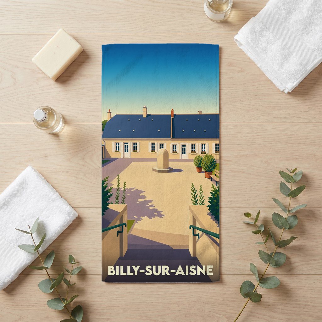 Serviette de bain souvenir de Billy-sur-Aisne avec une illustration stylisée d'une place ensoleillée.