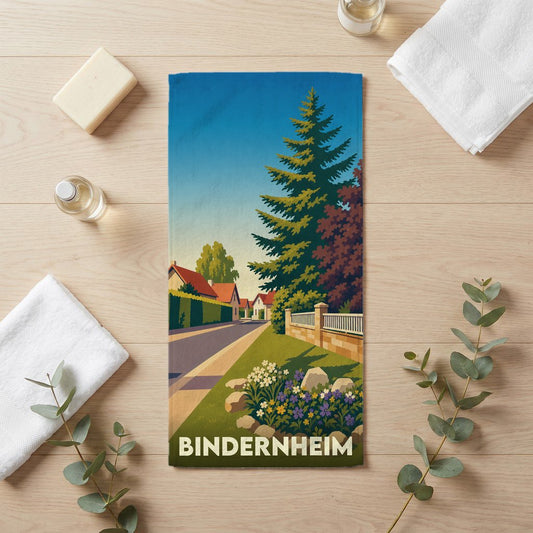 Serviette de bain souvenir de la ville de Bindernheim avec une illustration paysagère stylisée.