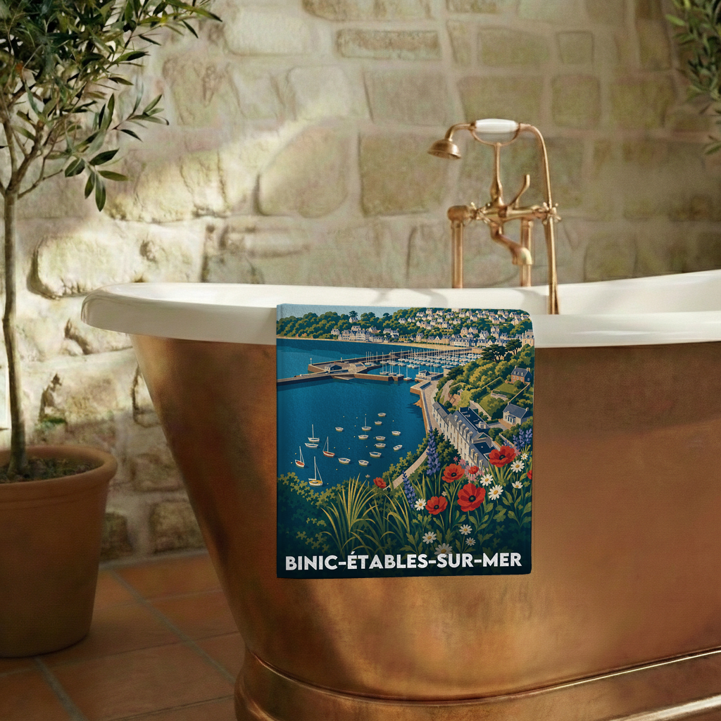 Serviette de bain souvenir de la ville de Binic-Étables-sur-Mer avec une illustration stylisée de son littoral.