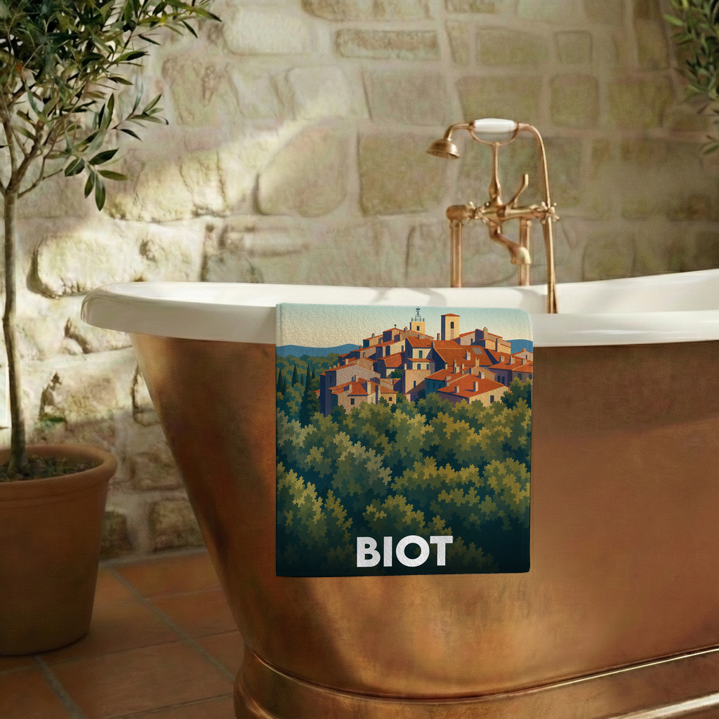 Serviette de bain souvenir de la ville de Biot avec une illustration stylisée.