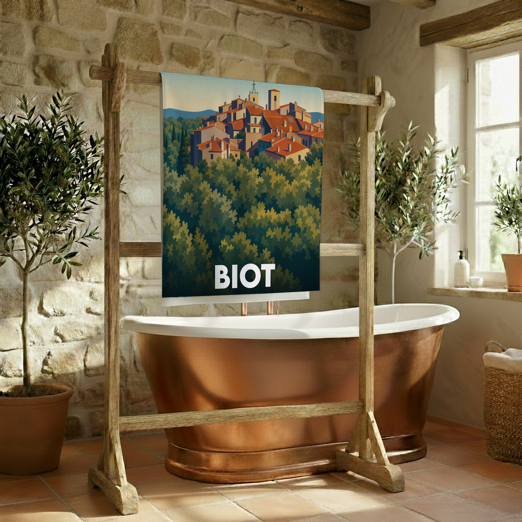 Serviette de bain souvenir de la ville de Biot illustrant un village perché au-dessus d'une forêt.