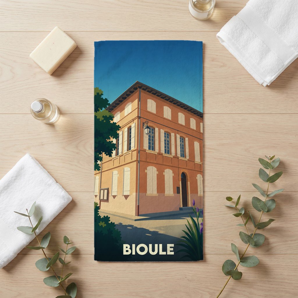 Serviette de bain souvenir de la ville de Bioule avec une illustration stylisée d'un bâtiment historique.