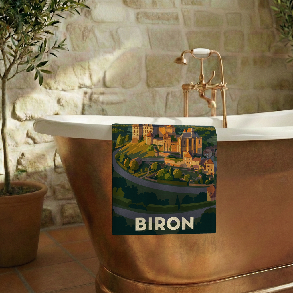 Serviette de bain souvenir de la ville de Biron avec une illustration stylisée.