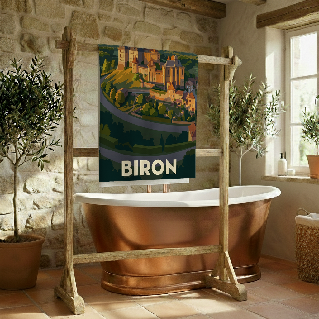 Serviette de bain souvenir de la ville de Biron avec une illustration stylisée.