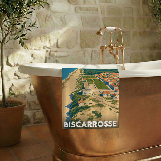 Serviette de bain souvenir de la ville de Biscarrosse avec une illustration stylisée.