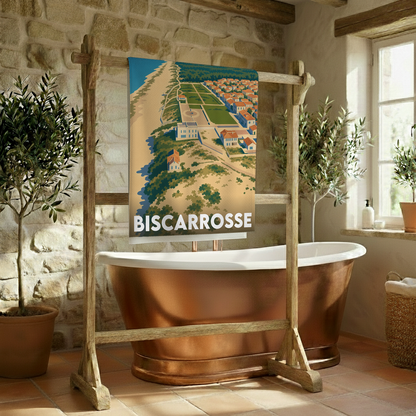 Serviette de bain souvenir de la ville de Biscarrosse avec une illustration stylisée.