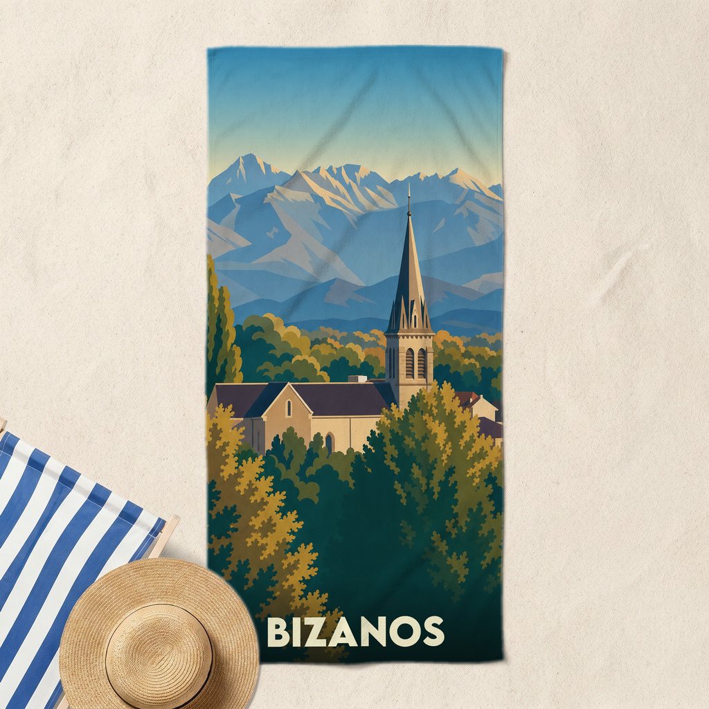 Serviette de bain souvenir de la ville de Bizanos avec une illustration stylisée des Pyrénées et de l'église locale.