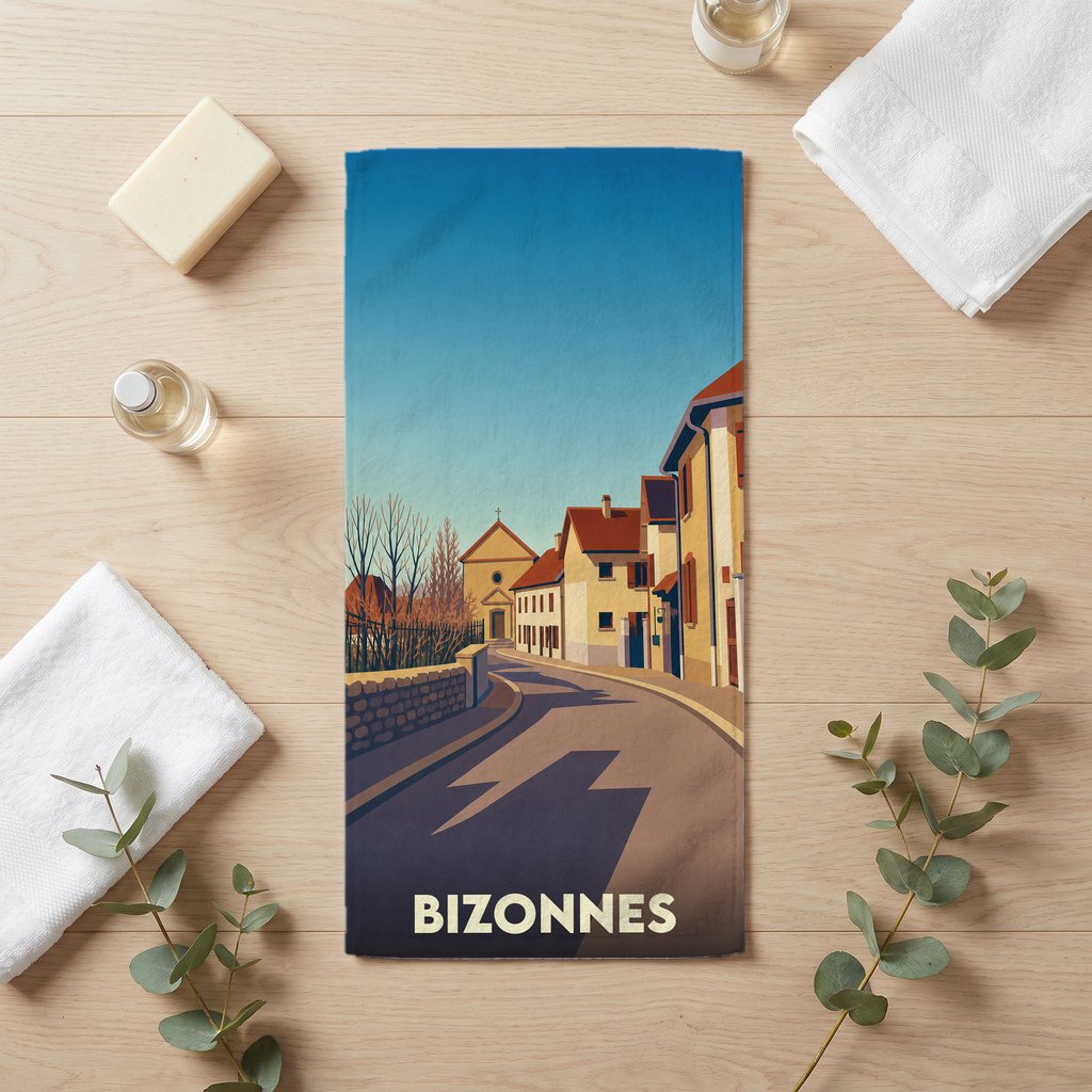 Serviette de bain souvenir de la ville de Bizonnes avec une illustration stylisée.