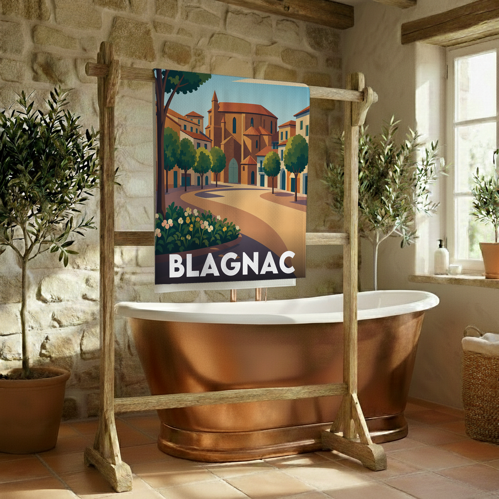 Serviette de bain souvenir de la ville de Blagnac avec une illustration stylisée.