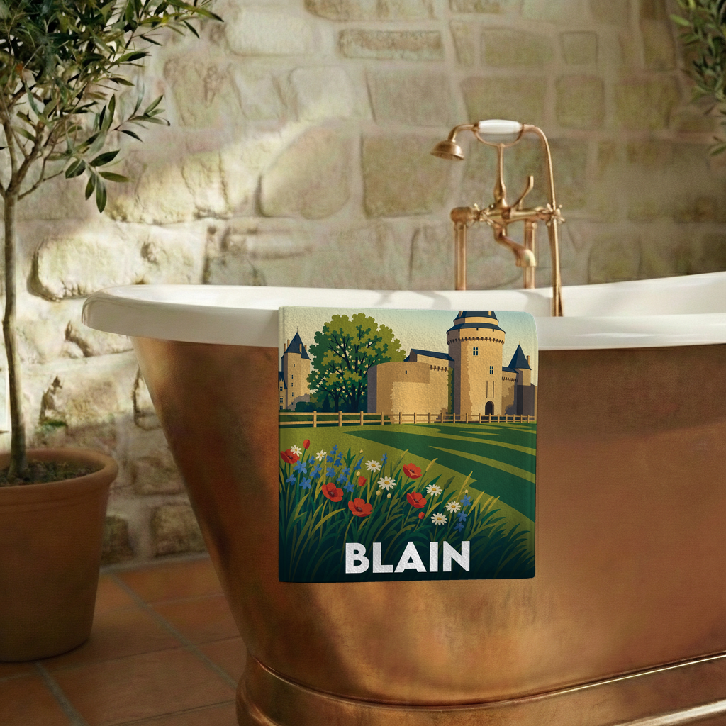 Serviette de bain souvenir de la ville de Blain illustrée d'un château médiéval et de fleurs sauvages.