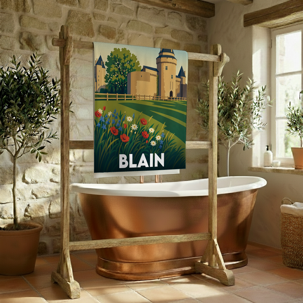 Serviette de bain souvenir de la ville de Blain illustrée d'un château médiéval et de fleurs champêtres.