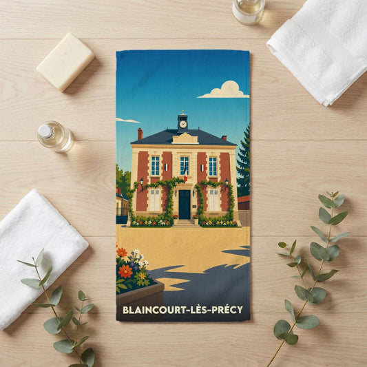 Serviette de bain souvenir de la ville de Blaincourt-lès-Précy avec une illustration stylisée de sa mairie.