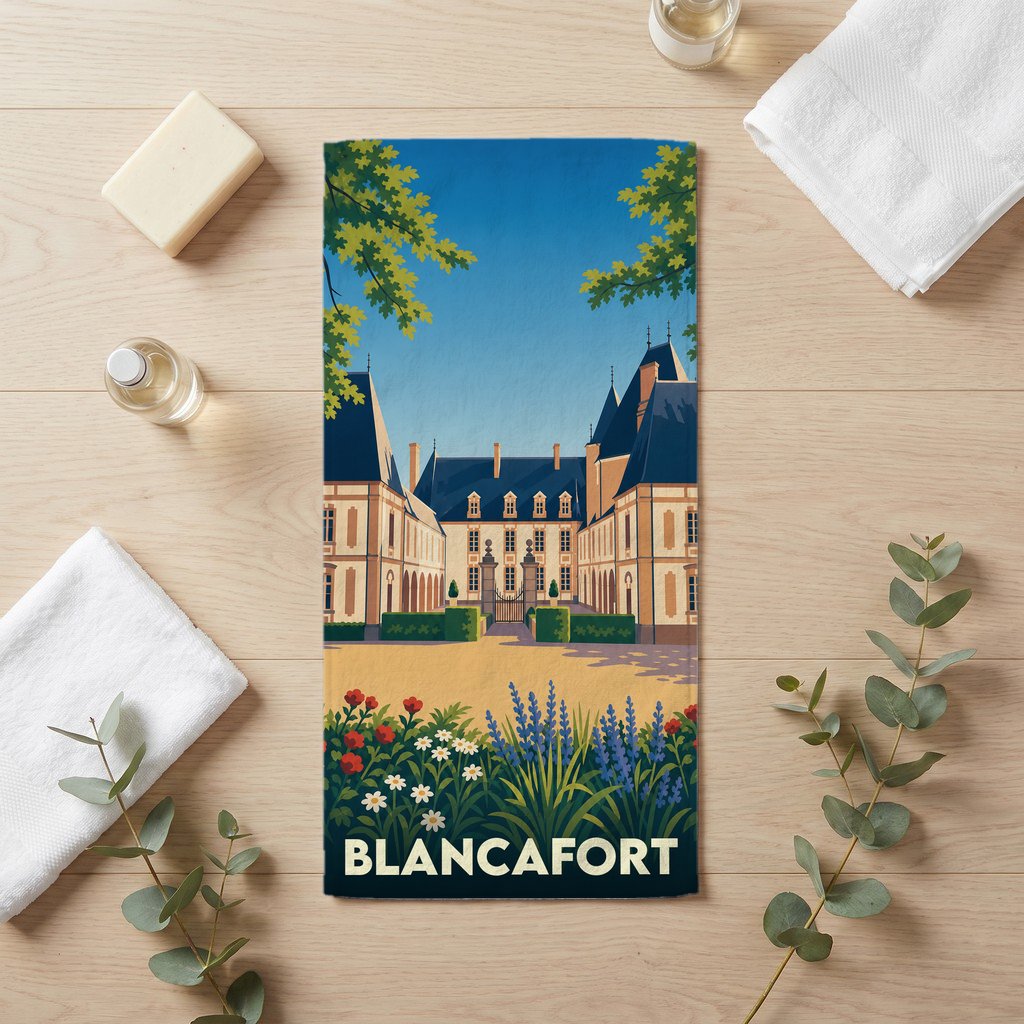 Serviette de bain souvenir de la ville de Blancafort avec une illustration stylisée de son château.