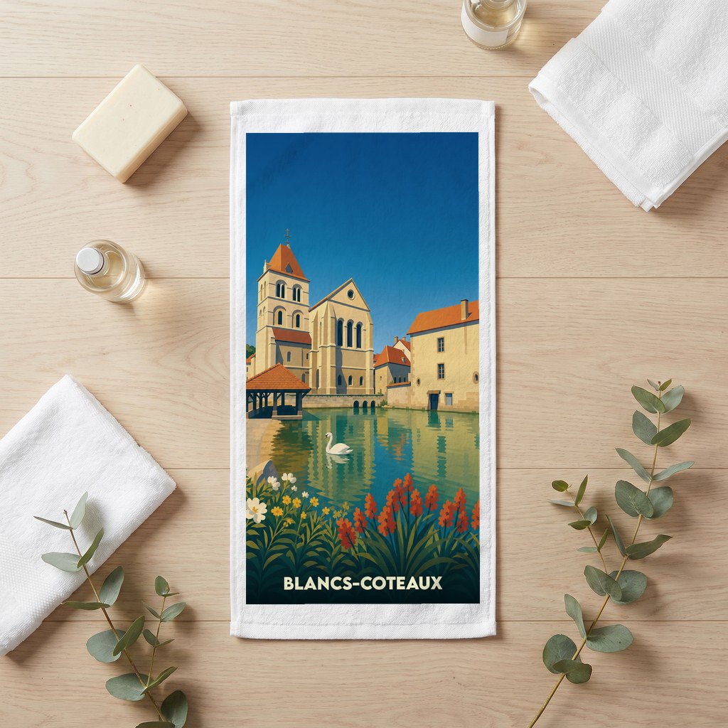 Serviette de bain souvenir de la ville de Blancs-Coteaux avec une illustration stylisée.