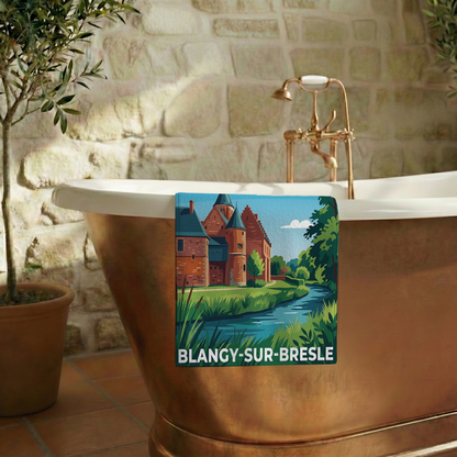 Serviette de bain souvenir de la ville de Blangy-sur-Bresle avec une illustration stylisée.