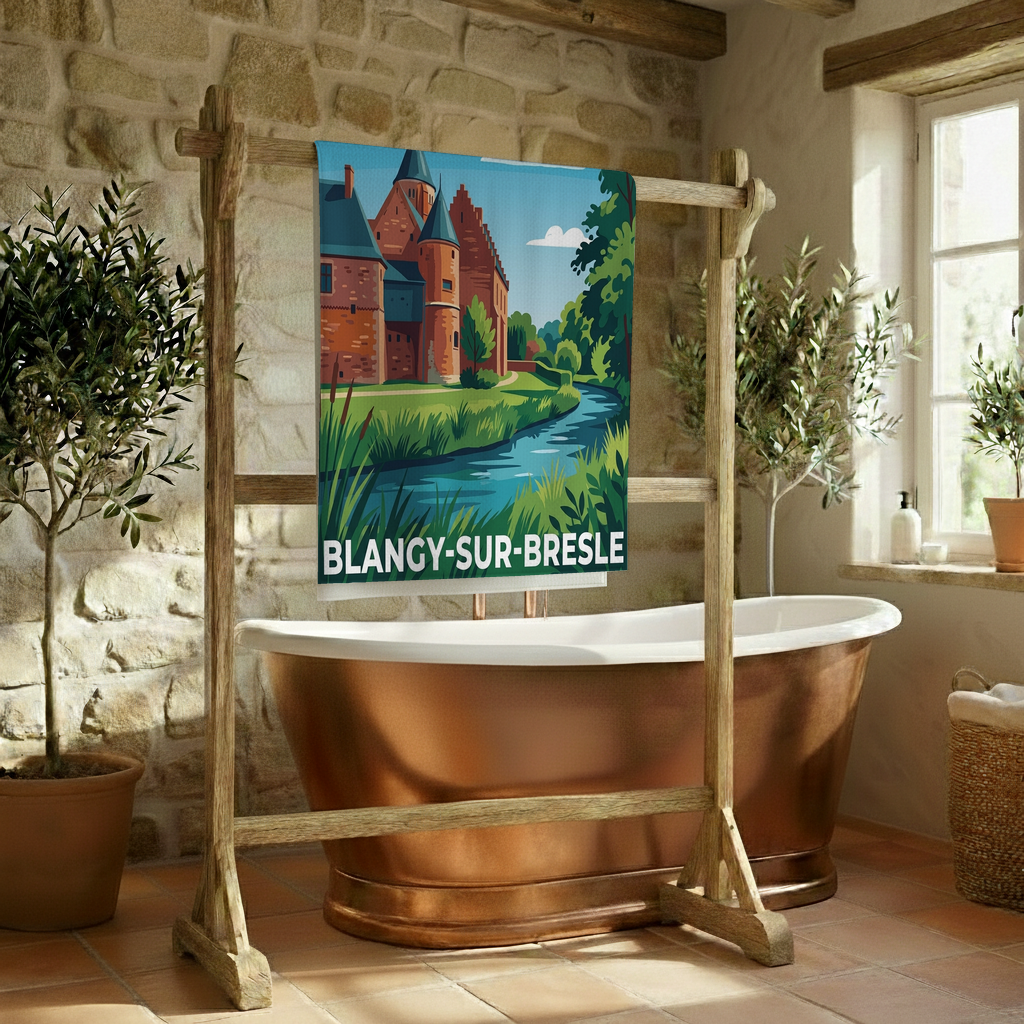 Serviette de bain souvenir de la ville de Blangy-sur-Bresle avec une illustration stylisée.