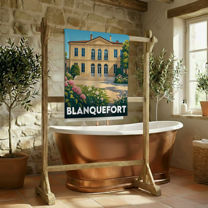 Serviette de bain souvenir de la ville de Blanquefort avec une illustration stylisée d'un château fleuri.