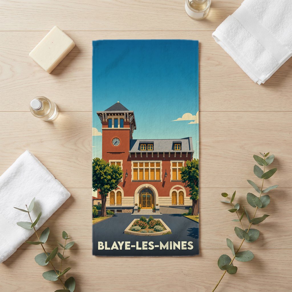 Serviette de bain souvenir de la ville de Blaye-les-Mines avec une illustration stylisée de son hôtel de ville.