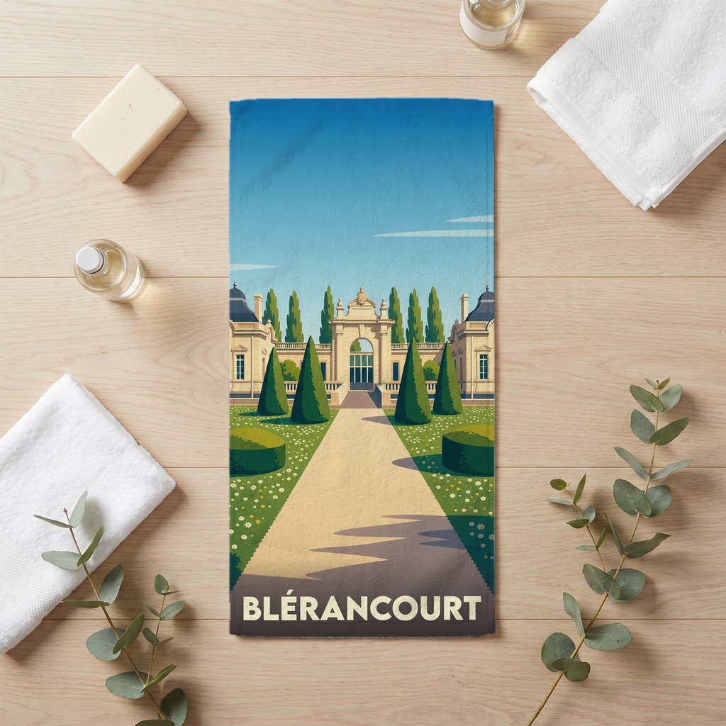 Serviette de bain souvenir de la ville de Blérancourt avec une illustration stylisée d'un château et de ses jardins.