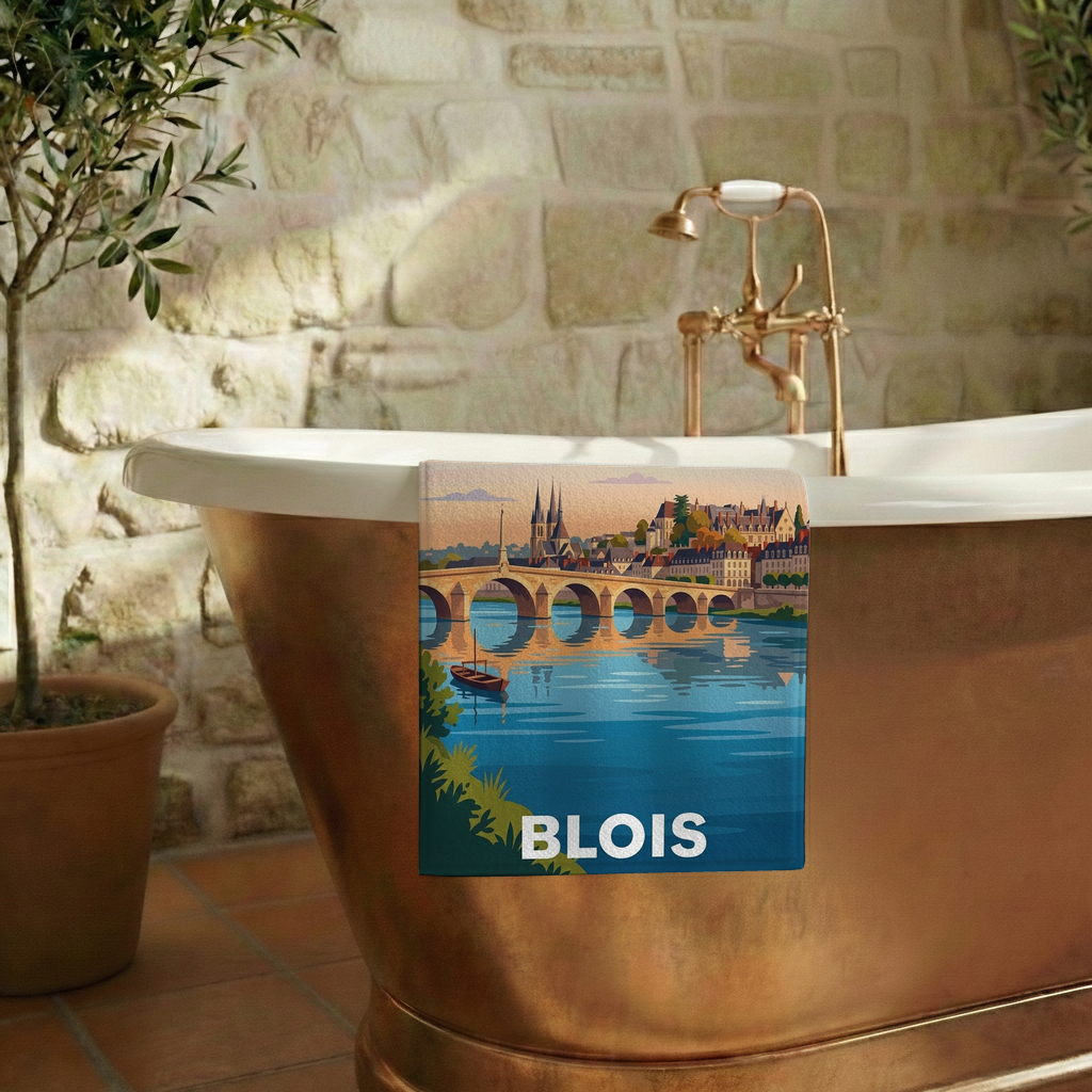 Serviette de bain souvenir de la ville de Blois avec une illustration stylisée.